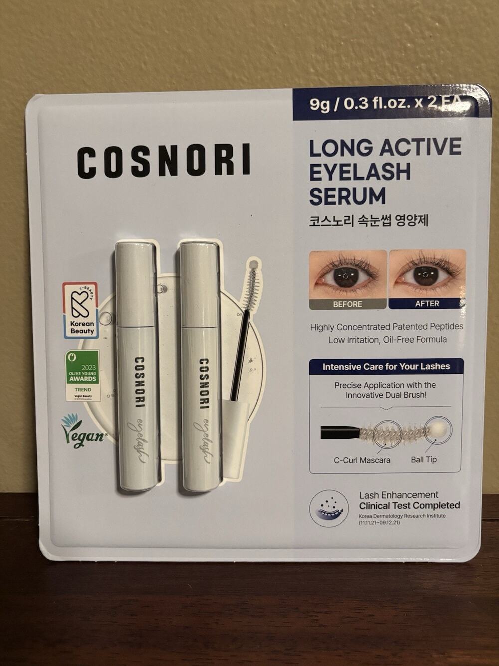 COSNORI Long Active Eyelash Serum Vegan, Korean Lash Growth, Dual Brush 9g x2